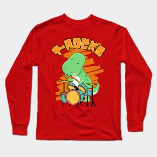 T-Rocks - T-Rex Dinosaur Drummer Cute Cartoon Long Sleeve T-Shirt